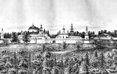 Панорама Раифского мужского монастыря Казанской епархии. Литография 1880 г.